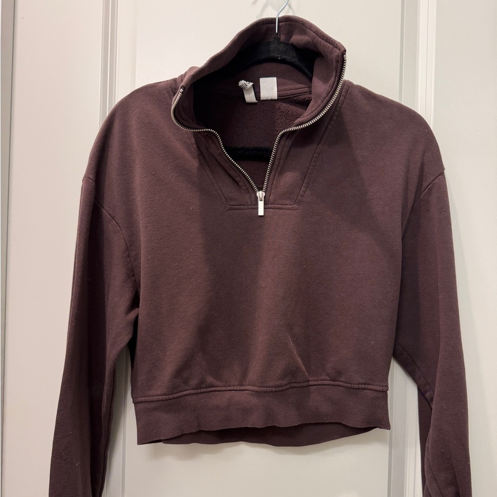 H&M Chocolate Brown Cropped Quarter-Zip Hoodie